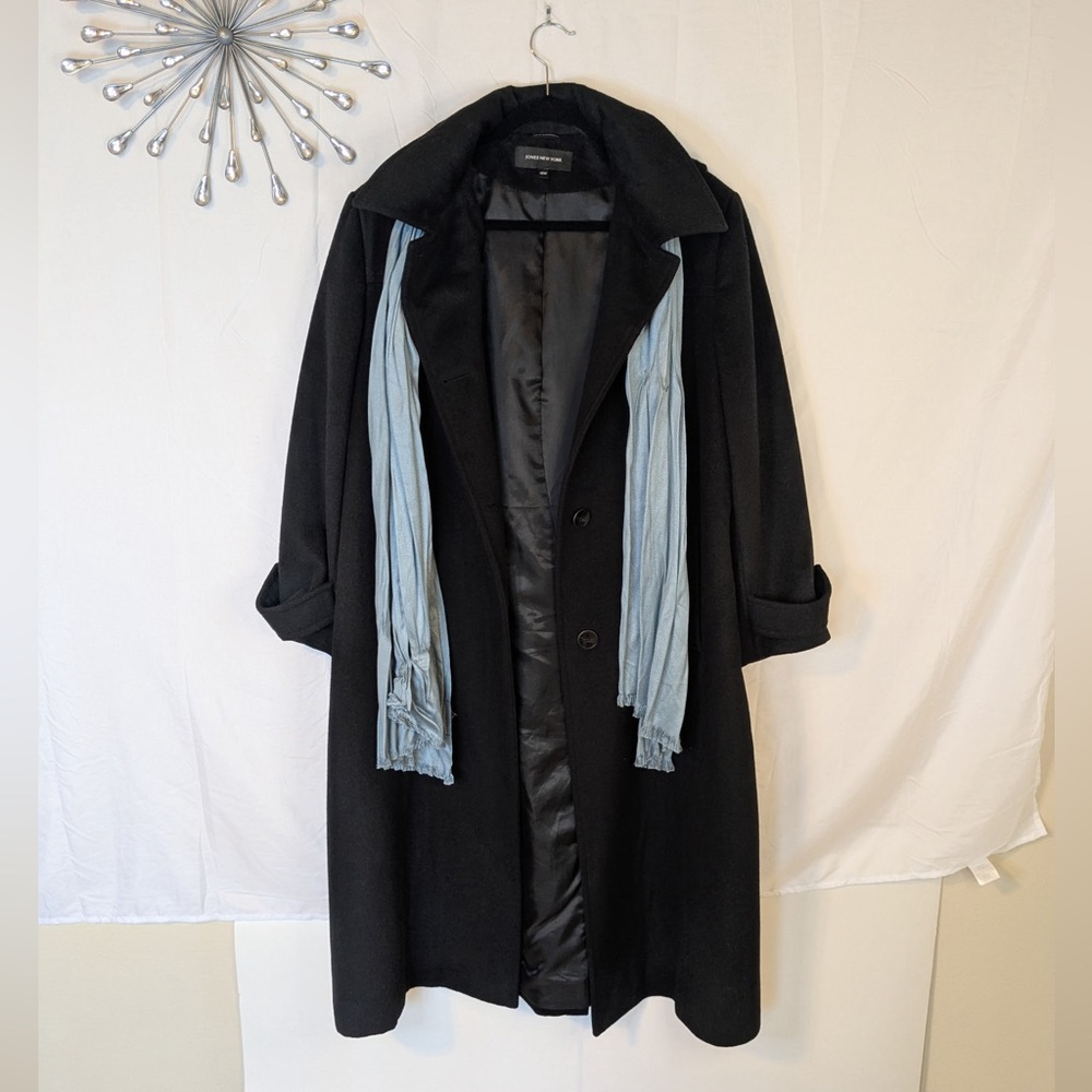 Warm & Cozy Jones New York Women’s Black Long Coat With Hood Size 18W